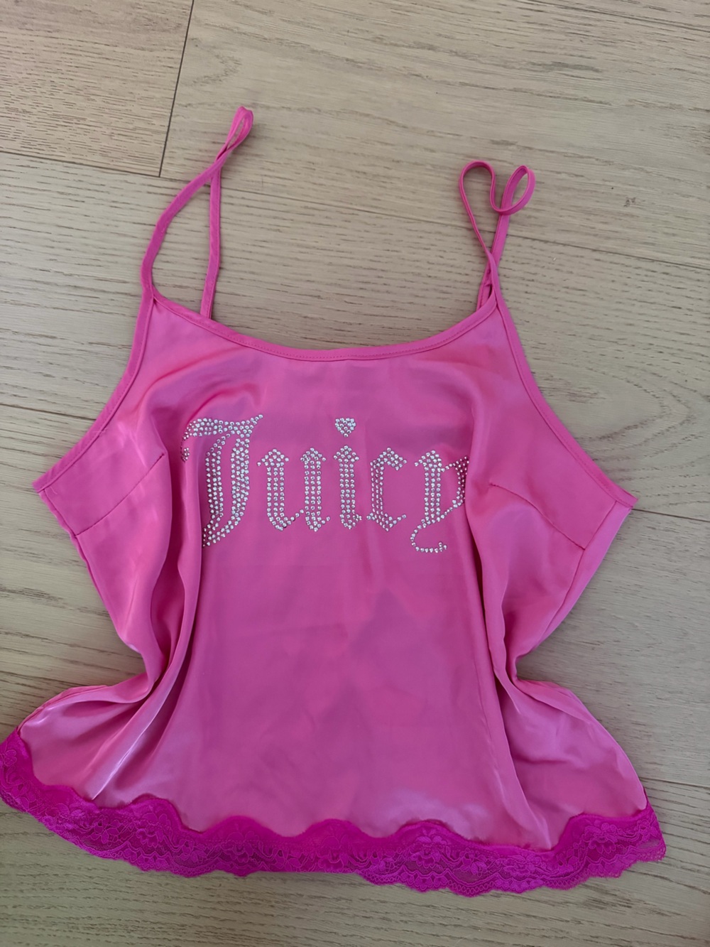 Juicy Couture pink rhinestone Heart logo Lace Trim Cami top Size M